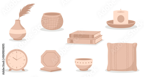Flat home decor icons including vase, candle, pillow, clock, books, bowl, basket, plate, cozy set.