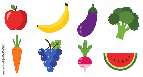 Colorful fruit and vegetable icons including apple, banana, carrot, broccoli, grape, and watermelon.