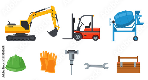 Construction equipment and tools icons including excavator, forklift, helmet, gloves, and drill.
