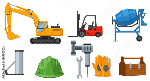 Construction equipment and tools icons including excavator, forklift, helmet, gloves, and drill.