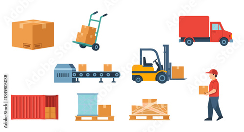 Construction equipment and tools icons including excavator, forklift, helmet, gloves, and drill.