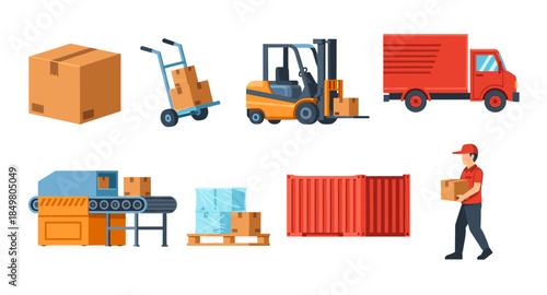 Construction equipment and tools icons including excavator, forklift, helmet, gloves, and drill.