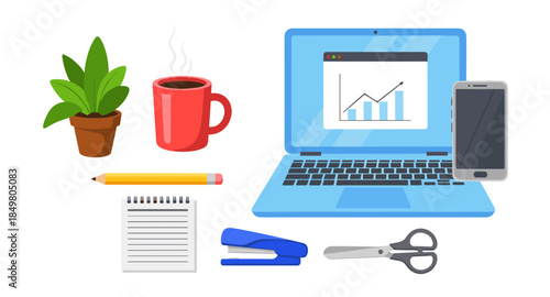 Office and workspace icons set with laptop, phone, coffee, notebook, plant, pencil, and stapler.