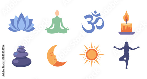 Set of yoga and meditation icons including lotus, poses, Om symbol, candle, sun, moon and stones.