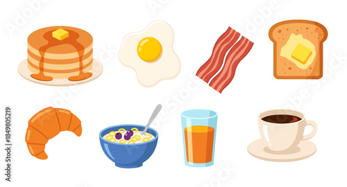 Set of colorful breakfast food icons including pancakes, egg, bacon, toast, cereal, juice, coffee.
