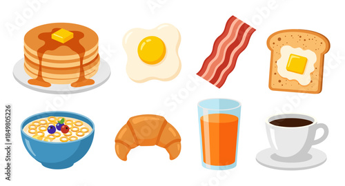 Set of colorful breakfast food icons including pancakes, egg, bacon, toast, cereal, juice, coffee.