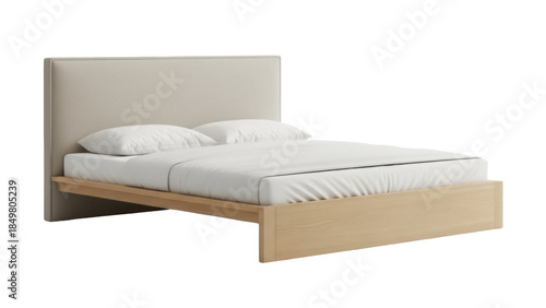 Tableau sur toile Isolated bed with headboard, contemporary frame, neutral upholstery, linens, bed