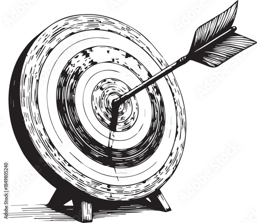 A black and white image of a perfect hit in the target center. The arrow hitting the center demonstrates precision and achieving a goal, emphasizing accuracy and focus.