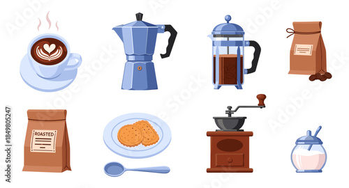 Set of coffee-related items including cup, moka pot, French press, grinder, sugar jar and cookies.