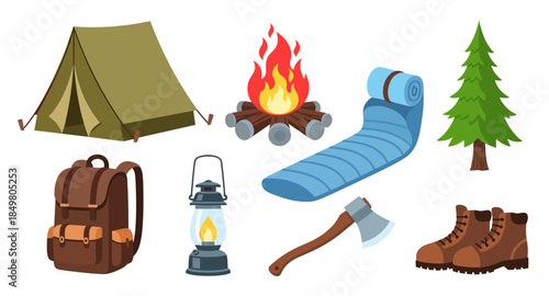 Set of colorful camping and hiking icons including tent, backpack, fire, axe, boots and tree.