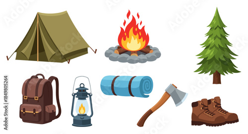 Set of colorful camping and hiking icons including tent, backpack, fire, axe, boots and tree.