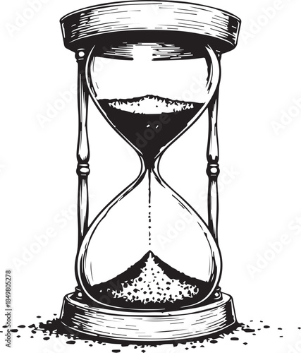 A timeless black and white illustration of an hourglass, symbolizing the passage of time and the ephemeral nature of life, with sand flowing gracefully.