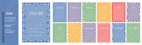Bright 2026 calendar design colorful abstract decorative frame template week starts Monday modern monthly planner printable organizer schedule A4 A3 aspect ratio creative year stationery layout