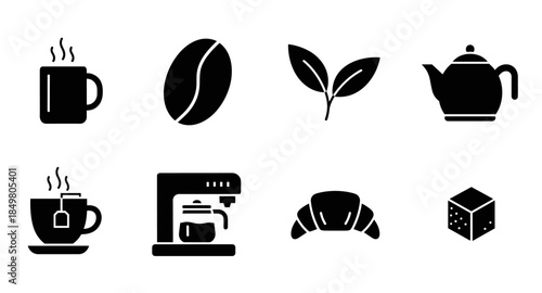 Black tea and coffee icons set including mug, teapot, cup, coffee machine, croissant, and sugar.
