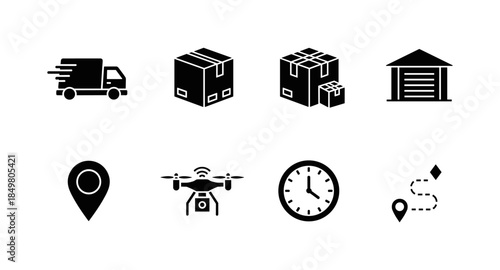 Black delivery and logistics icons set including truck, boxes, drone, warehouse, and location pins.