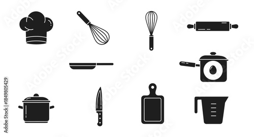 Black cooking and kitchen tool icons set including chef hat, pan, whisk, knife, pot, and board.
