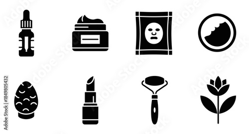 Black beauty and skincare icons set including cream, serum, face mask, roller, and lipstick.