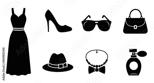 Black fashion and accessory icons set including dress, heels, handbag, sunglasses, and perfume.