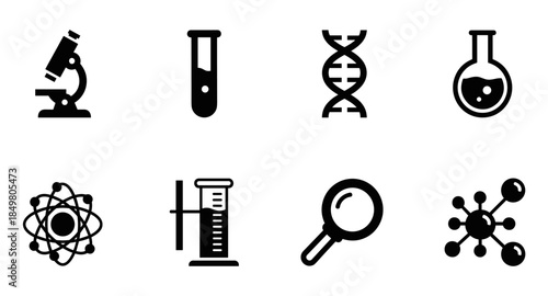 Black science and laboratory icons set including microscope, DNA, test tube, atom, and magnifier.