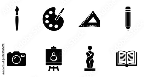Black creative tools and art icons set including paint, pencil, camera, lightbulb, and easel.