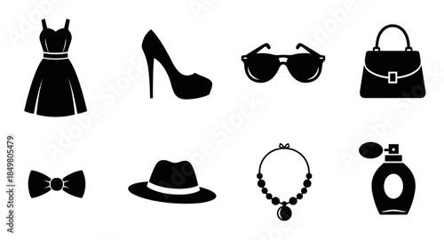 Black fashion and accessory icons set including dress, heels, handbag, sunglasses, and perfume.