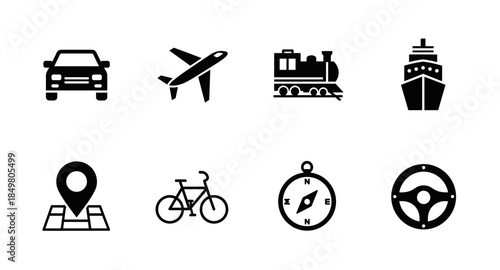 Black transportation and travel icons set including car, plane, ship, train and navigation tools.