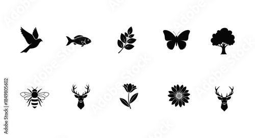 Nature and wildlife icons: leaves, flowers, bird, deer, bees, snake, tree, mushrooms in silhouette.