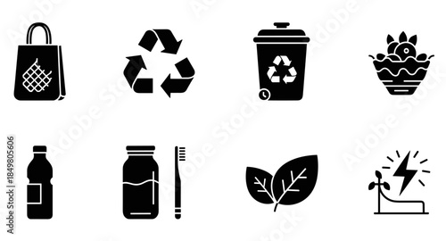 Eco-friendly and sustainable icons: recycling, biodegradable packaging, waste, energy, refill jars.