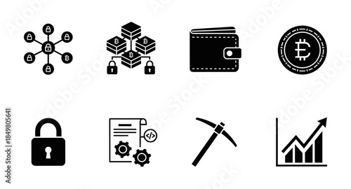 Cryptocurrency icons: blockchain, wallet, bitcoin, mining, smart contract, security, growth chart.