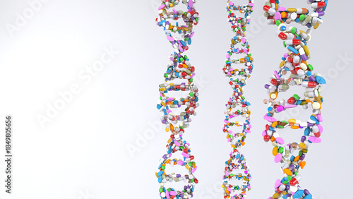 Illustration of DNA model made of drugs and pills, conceptional approach for Personalised Targeted Therapy and Cancer Treatment