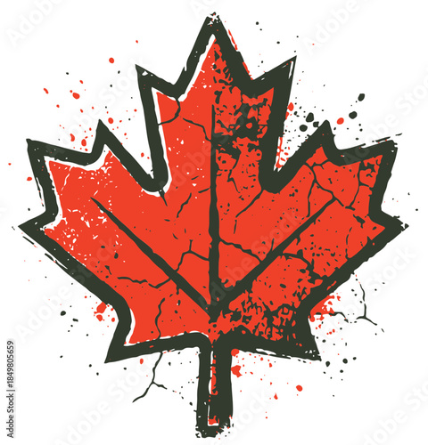 A bold, distressed red maple leaf graphic with a dark outline and splash texture. Ideal for Canadian-themed posters, decor, branding, or merchandise seeking a gritty.