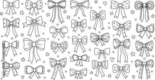 Collection of various decorative bows and ribbons with hearts and stars