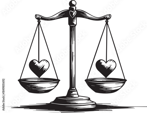An illustration of a balance scale with two hearts in each pan, symbolizing a harmonious equilibrium between love and fairness.