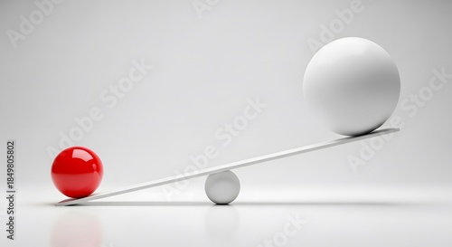 Red sphere on one side of a tilted white balance scale with a large white sphere on the other side