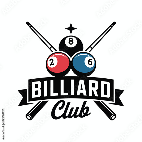 Billiard club emblem vector illustration with crossed cues and three balls featuring a star for sports badges, pool hall logos, and tournament branding identity.