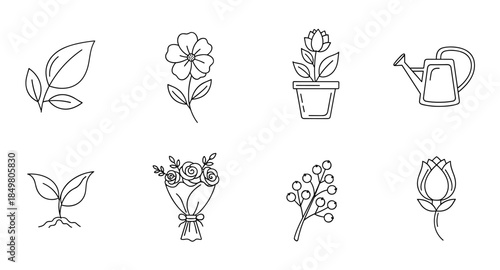 Minimal floral and gardening icons: leaves, flowers, bouquet, potted plant, watering can, sprout.