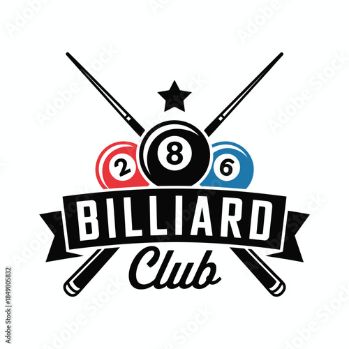 Billiard club emblem vector illustration with crossed cues and three balls featuring a star for sports badges, pool hall logos, and tournament branding identity.
