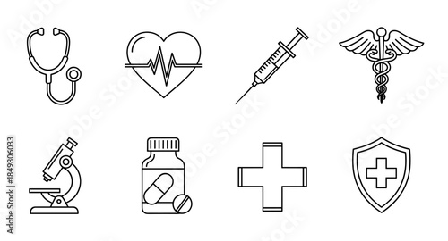 Minimal healthcare icons: stethoscope, heart rate, syringe, medicine, cross, shield, microscope.