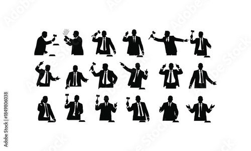 set of auctioneer silhouettes announcing bid in various poses on a white background