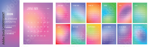 Modern 2026 gradient calendar design with rainbow backgrounds, minimalist typography, monthly colorful pages, weekly grid starting on Monday, abstract vibrant planner layout for print and digital use