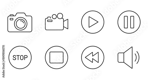 Minimal media icons: camera, video, play, pause, stop, rewind, speaker, and record button outline set.