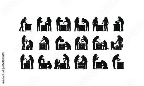 set of bee keeper silhouettes checking beehive in various poses on a white background