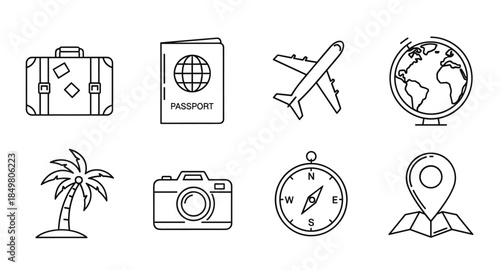 Minimal travel icons: suitcase, passport, airplane, globe, palm, camera, compass, and map pin.
