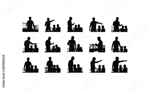 set of bridge construction supervisor silhouettes instructing team in various poses on a white background