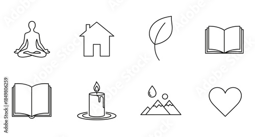 Minimal wellness and mindfulness icons: meditation, home, nature, book, candle, heart, and balance.