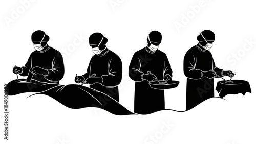 Black Doctor Silhouette Vector Set Showing Surgery Prepping Operating Handing Tools Actions