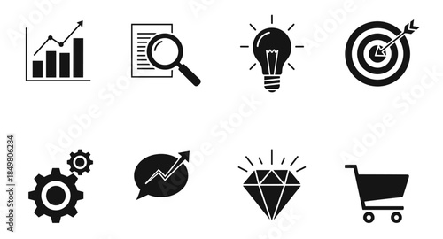 Business and marketing icons: analytics, magnifying glass, target, idea, gear, pie chart, location.