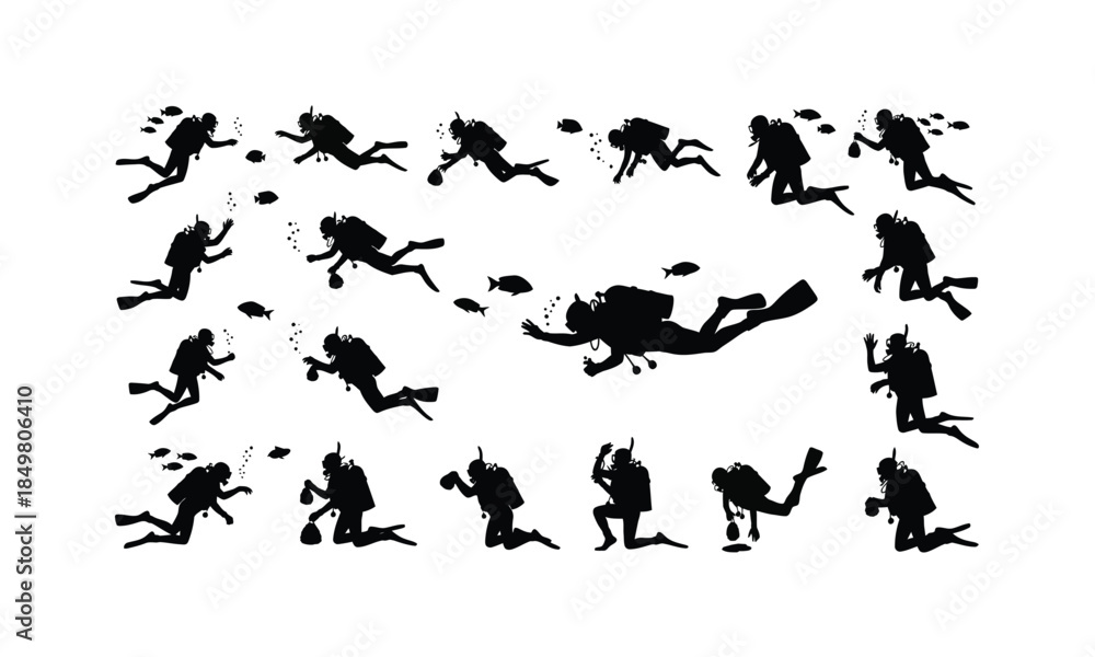 Naklejka premium set of aquarium diver silhouettes feeding fish in various poses on a white background