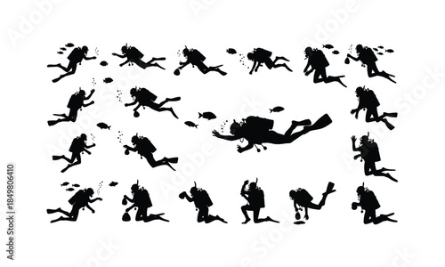 set of aquarium diver silhouettes feeding fish in various poses on a white background