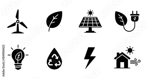 Eco energy icons set: solar panels, wind turbines, electric car, recycling, battery, clean energy.